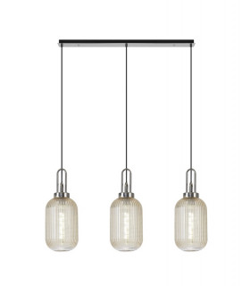 Linear 3 Light Pendant E27 With 20cm Tubular Ribbed Glass Champagne Polished Nickel Matt Black-1
