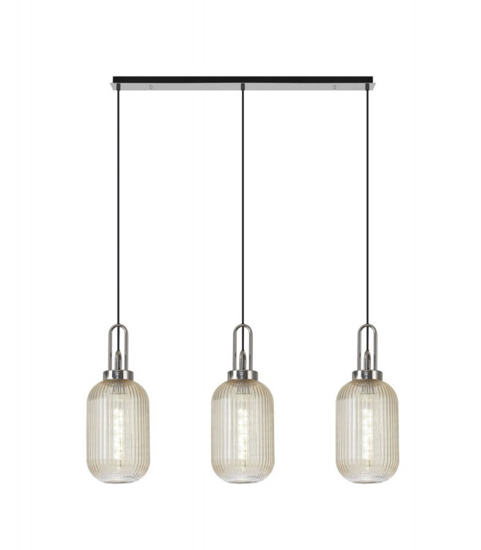 Linear 3 Light Pendant E27 With 20cm Tubular Ribbed Glass Champagne Polished Nickel Matt Black-1