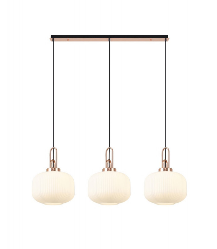 Linear 3 Light Pendant E27 Copper Matt Black With 30cm Round Ribbed Opal Glass-1