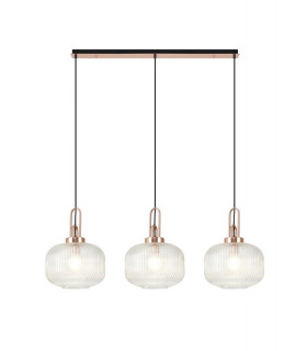 Linear 3 Light Pendant E27 Copper Matt Black With 30cm Round Ribbed Clear Glass-1