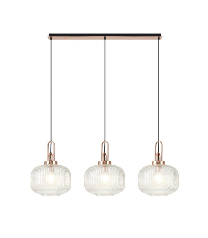 Linear 3 Light Pendant E27 Copper Matt Black With 30cm Round Ribbed Clear Glass-1