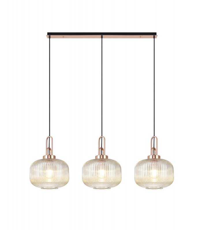 Linear 3 Light Pendant E27 Copper Matt Black With 30cm Round Ribbed Champagne Glass-1