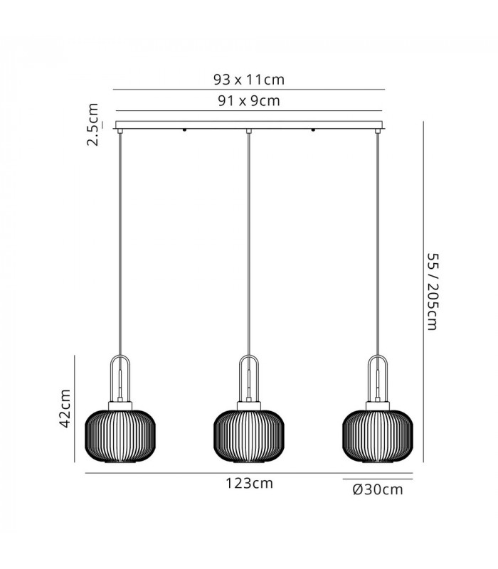 Linear 3 Light Pendant E27 Copper Matt Black With 30cm Round Ribbed Champagne Glass-2