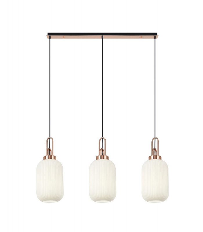 Linear 3 Light Pendant E27 With 20cm Tubular Ribbed Glass Opal Copper Matt Black-1
