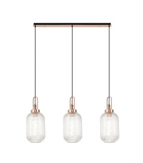 Linear 3 Light Pendant E27 With 20cm Tubular Ribbed Glass Clear Copper Matt Black-1