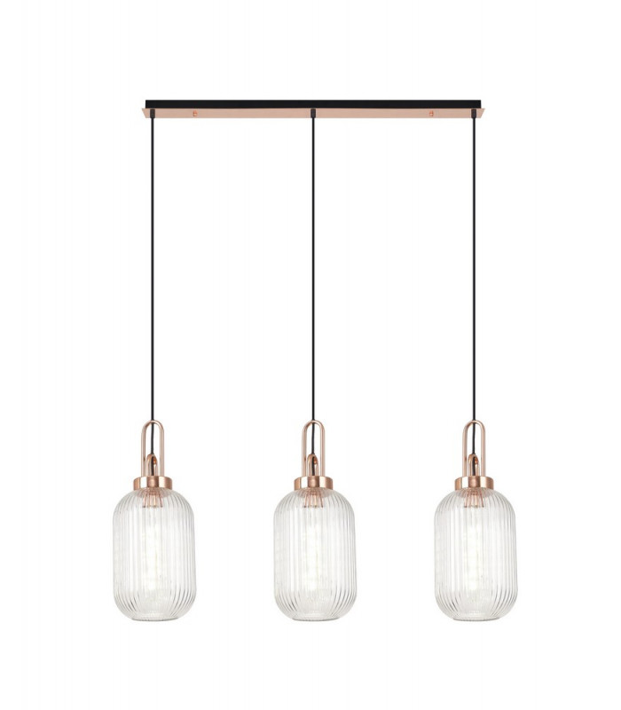 Linear 3 Light Pendant E27 With 20cm Tubular Ribbed Glass Clear Copper Matt Black-1