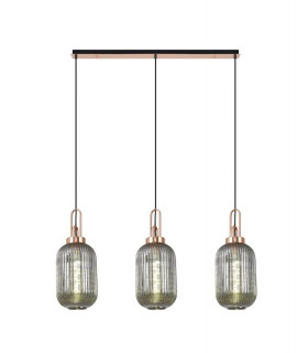 Linear 3 Light Pendant E27 With 20cm Tubular Ribbed Glass Smoked Copper Matt Black-1