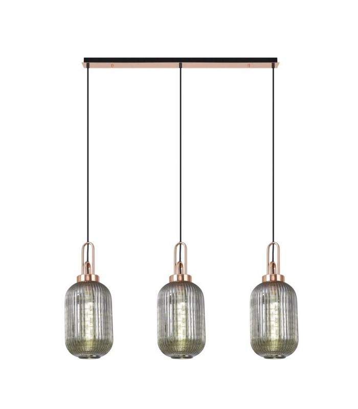 Linear 3 Light Pendant E27 With 20cm Tubular Ribbed Glass Smoked Copper Matt Black-1