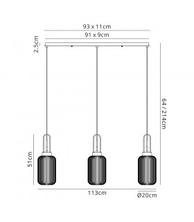 Linear 3 Light Pendant E27 With 20cm Tubular Ribbed Glass Smoked Copper Matt Black-2