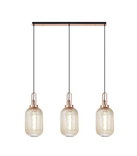Linear 3 Light Pendant E27 With 20cm Tubular Ribbed Glass Champagne Copper Matt Black-1