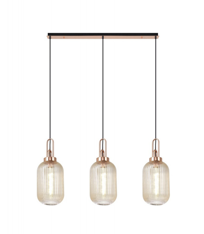Linear 3 Light Pendant E27 With 20cm Tubular Ribbed Glass Champagne Copper Matt Black-1