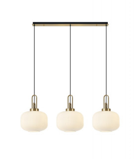 Linear 3 Light Pendant E27 Brass Gold Matt Black With 30cm Round Ribbed Opal Glass-1