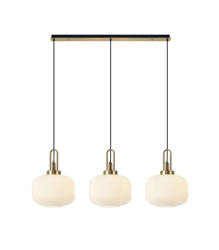 Linear 3 Light Pendant E27 Brass Gold Matt Black With 30cm Round Ribbed Opal Glass-1