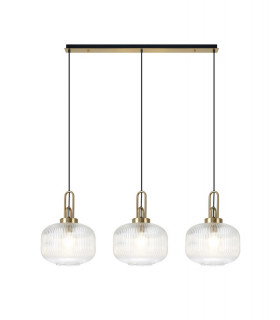 Linear 3 Light Pendant E27 Brass Gold Matt Black With 30cm Round Ribbed Clear Glass-1