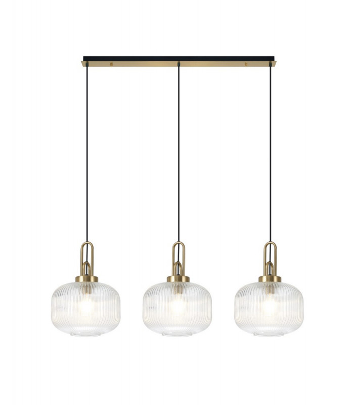 Linear 3 Light Pendant E27 Brass Gold Matt Black With 30cm Round Ribbed Clear Glass-1
