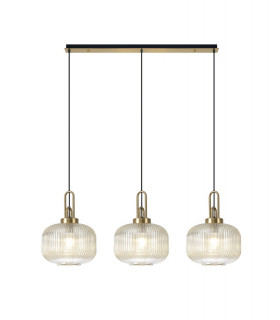 Linear 3 Light Pendant E27 Brass Gold Matt Black With 30cm Round Ribbed Champagne Glass-1