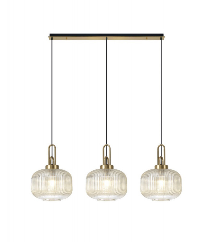 Linear 3 Light Pendant E27 Brass Gold Matt Black With 30cm Round Ribbed Champagne Glass-1
