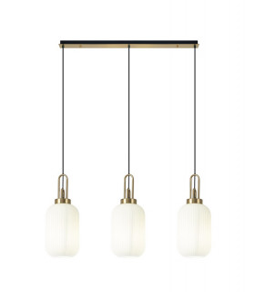 Linear 3 Light Pendant E27 With 20cm Tubular Ribbed Glass Opal Brass Gold Matt Black-1