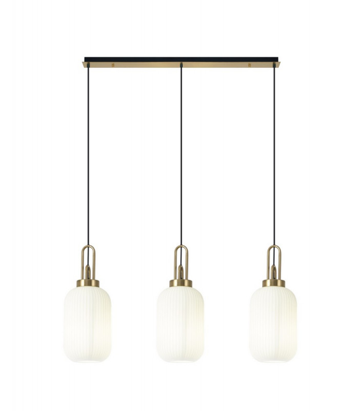 Linear 3 Light Pendant E27 With 20cm Tubular Ribbed Glass Opal Brass Gold Matt Black-1