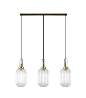Linear 3 Light Pendant E27 With 20cm Tubular Ribbed Glass Clear Brass Gold Matt Black-1