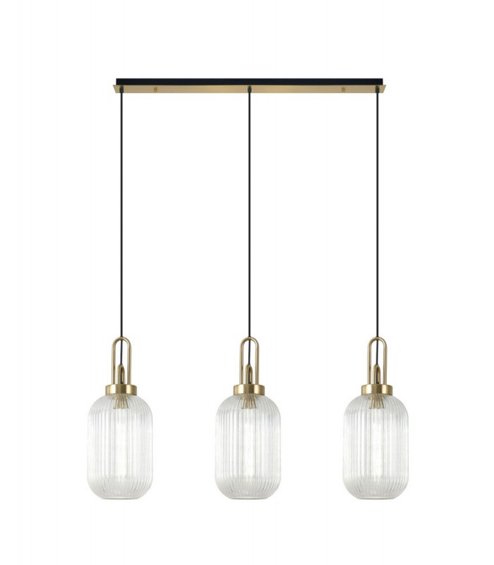 Linear 3 Light Pendant E27 With 20cm Tubular Ribbed Glass Clear Brass Gold Matt Black-1