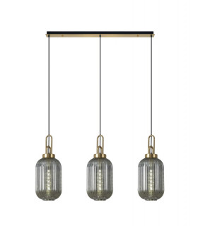 Linear 3 Light Pendant E27 With 20cm Tubular Ribbed Glass Smoked Brass Gold Matt Black-1