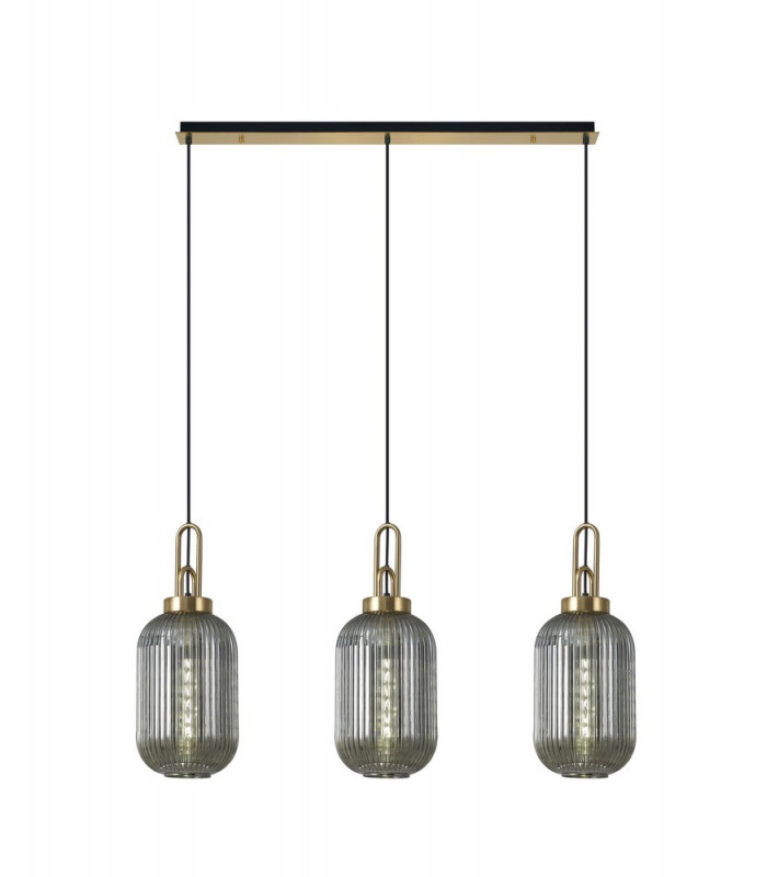 Linear 3 Light Pendant E27 With 20cm Tubular Ribbed Glass Smoked Brass Gold Matt Black-1