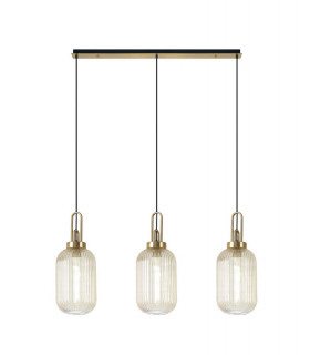 Linear 3 Light Pendant E27 With 20cm Tubular Ribbed Glass Champagne Brass Gold Matt Black-1