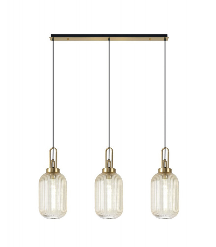 Linear 3 Light Pendant E27 With 20cm Tubular Ribbed Glass Champagne Brass Gold Matt Black-1