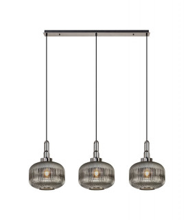Linear 3 Light Pendant E27 Black Chrome Matt Black With 30cm Round Ribbed Smoked Glass-1