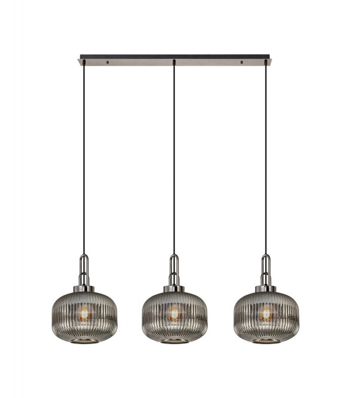 Linear 3 Light Pendant E27 Black Chrome Matt Black With 30cm Round Ribbed Smoked Glass-1