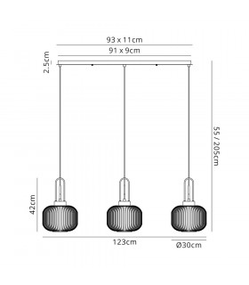 Linear 3 Light Pendant E27 Black Chrome Matt Black With 30cm Round Ribbed Smoked Glass-2