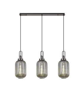 Linear 3 Light Pendant E27 With 20cm Tubular Ribbed Glass Smoked Black Chrome Matt Black-1