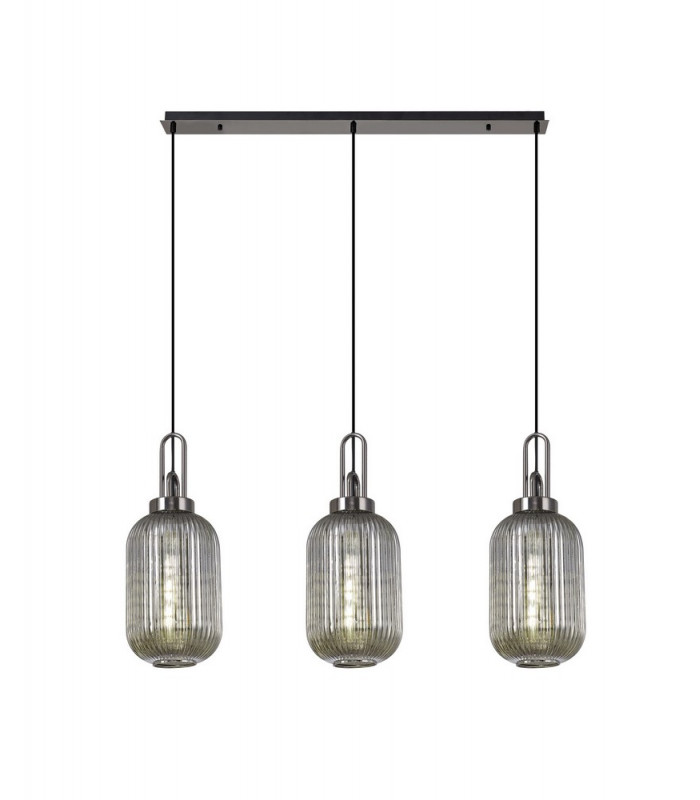 Linear 3 Light Pendant E27 With 20cm Tubular Ribbed Glass Smoked Black Chrome Matt Black-1