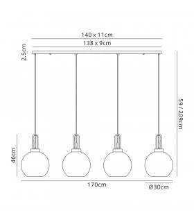 Linear 4 Light Pendant E27 With 30cm Globe Glass Copper Clear Copper Matt Black-2