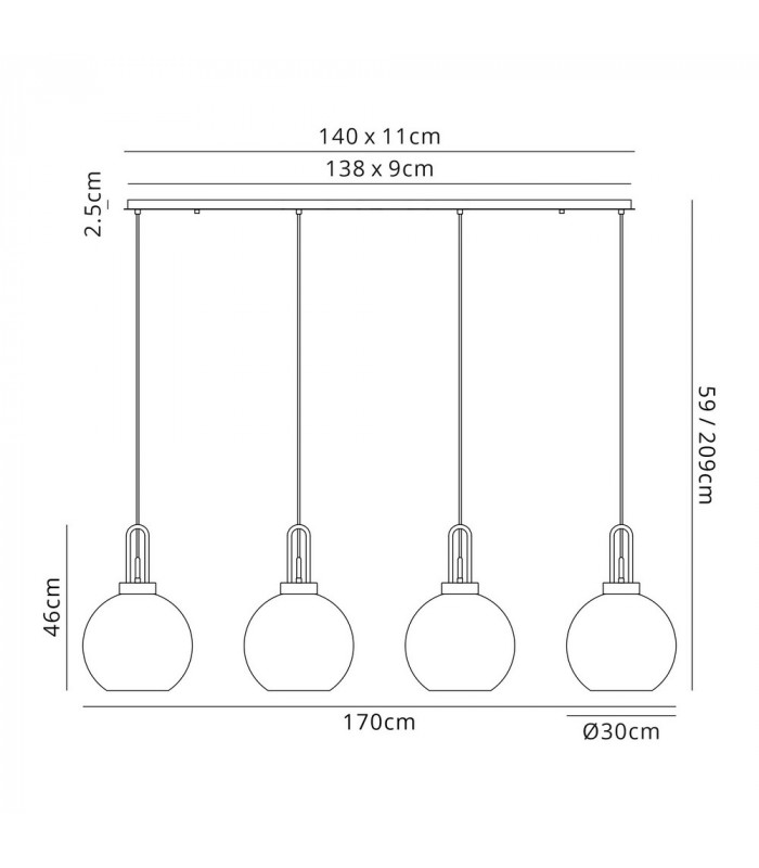Linear 4 Light Pendant E27 With 30cm Globe Glass Copper Clear Copper Matt Black-2
