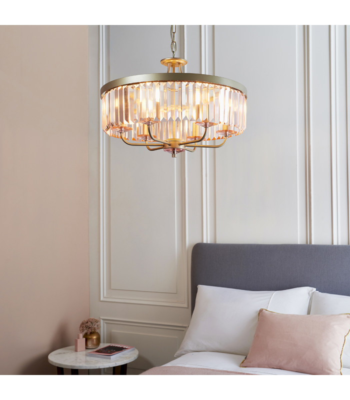 Ascoli 6 Light Ceiling Pendant Champagne Paint & Rose Pink Cut Glass-2