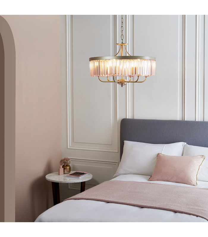 Ascoli 6 Light Ceiling Pendant Champagne Paint & Rose Pink Cut Glass-3