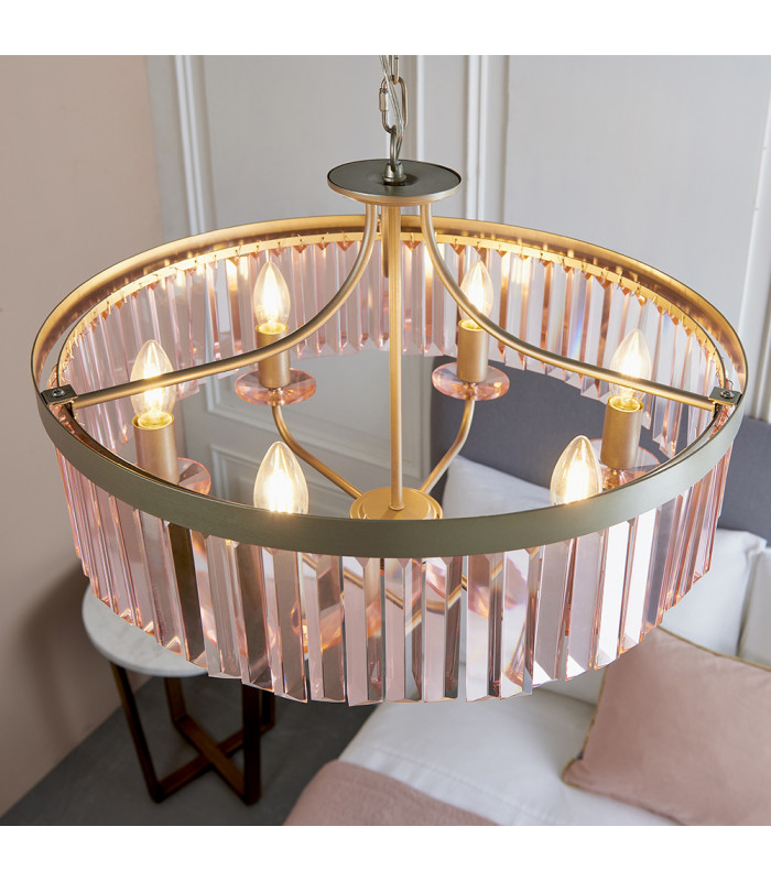 Ascoli 6 Light Ceiling Pendant Champagne Paint & Rose Pink Cut Glass-4