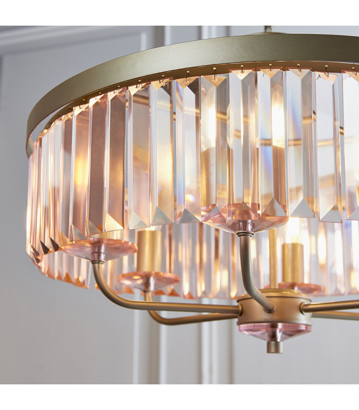 Ascoli 6 Light Ceiling Pendant Champagne Paint & Rose Pink Cut Glass-5