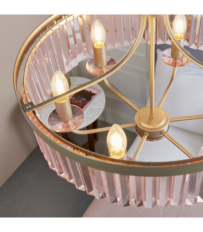 Ascoli 6 Light Ceiling Pendant Champagne Paint & Rose Pink Cut Glass-8
