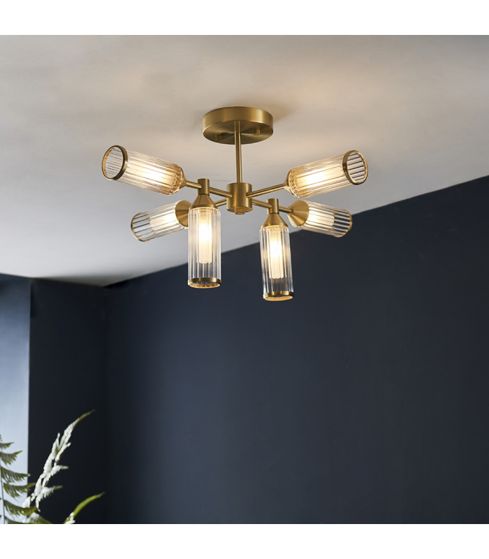 Trieste 6 Light Ceiling Semi Flush Satin Brass Plate With Clear & Frosted Glass-2