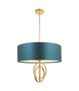 Trento 5 Light Ceiling Pendant Antique Gold Leaf & Teal Satin Fabric-1