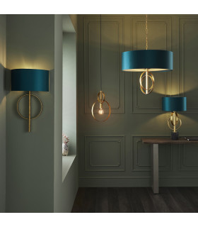 Trento 5 Light Ceiling Pendant Antique Gold Leaf & Teal Satin Fabric-2