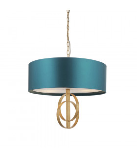 Trento 3 Light Ceiling Pendant Antique Gold Leaf & Teal Satin Fabric-1