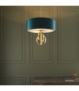 Trento 3 Light Ceiling Pendant Antique Gold Leaf & Teal Satin Fabric-2