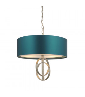 Trento 3 Light Ceiling Pendant Antique Silver Leaf & Teal Satin Fabric-1