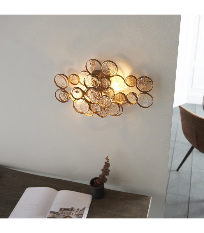 Carbonia 2 Light Wall Lamp Antique Gold Paint Clear & Amber Glass-2