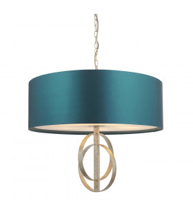 Trento 5 Light Ceiling Pendant Antique Silver Leaf & Teal Satin Fabric-1