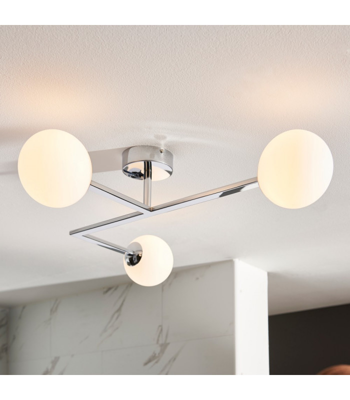 Riomaggiore Bathroom 3 Light Ceiling Semi Flush Chrome Plate & Matt Opal Glass IP44-4